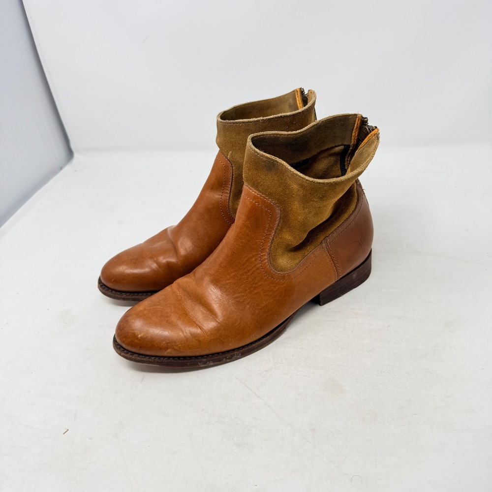 Frye Phillip Back Zip Ankle Boots‎ Brown Leather Suede Size 7 Western Boho